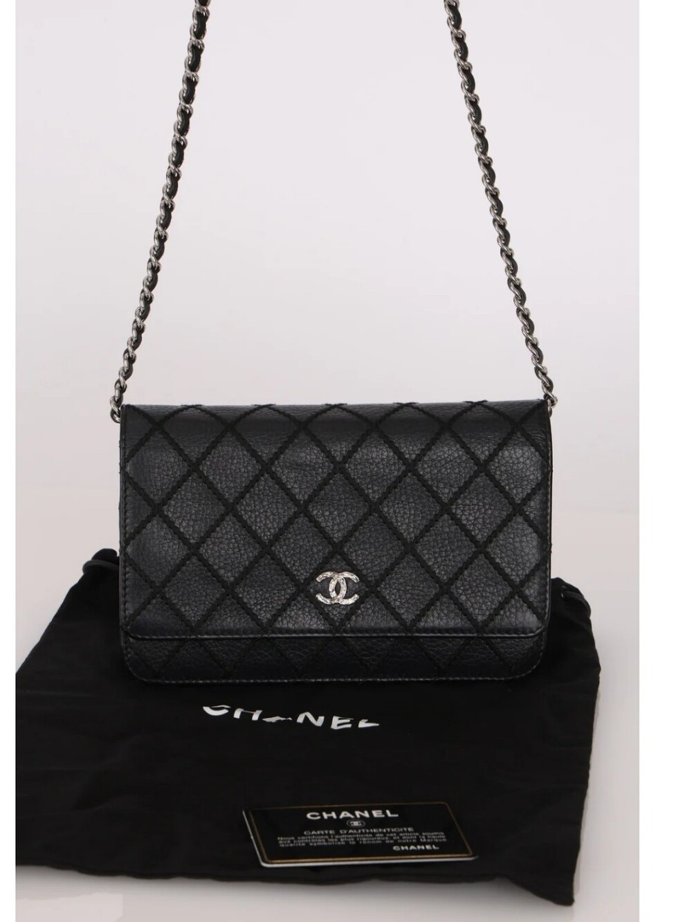 Chanel Rare Authentic Wild Stitch Leather Crossbody Bag Wallet On Chain Black